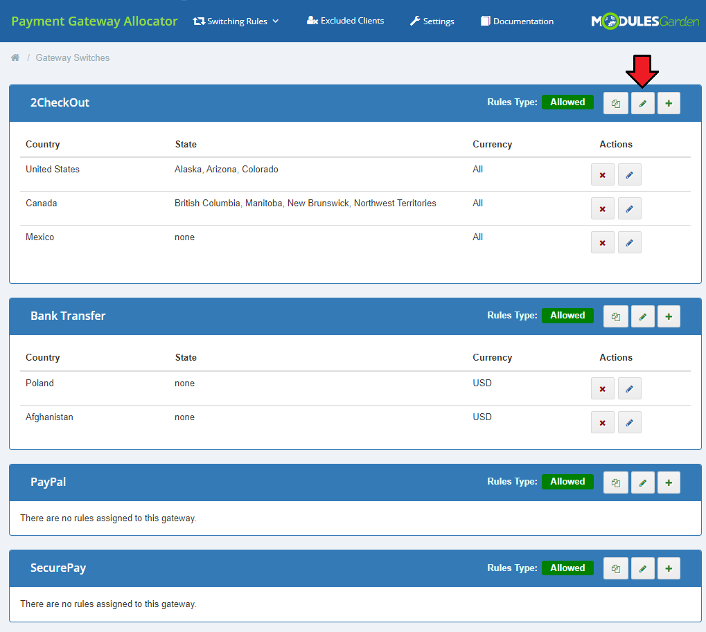 Payment Gateway Allocator For WHMCS: Gateway Switches tab with the pencil button highlighted next to the 2CheckOut