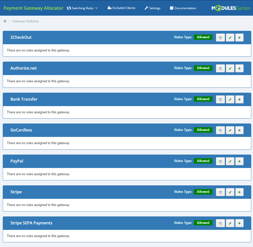 Payment Gateway Allocator For WHMCS: Gateway Switches tab with the list of active payment gateways that have no rules