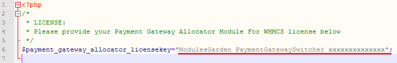 Payment Gateway Allocator For WHMCS: license.php file in a text editor with the license key entered between quotation