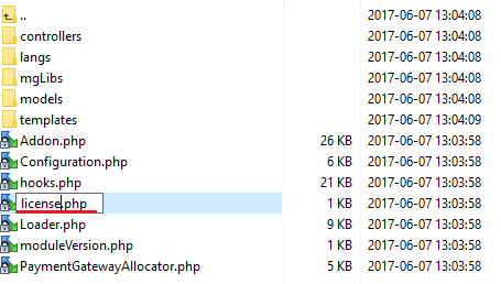 Payment Gateway Allocator For WHMCS: file manager showing the license file being renamed to license.php in the module