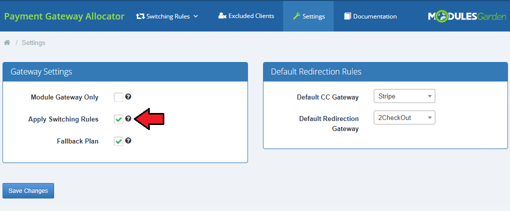 Payment Gateway Allocator For WHMCS: module Settings tab with Apply Switching Rules and Fallback Plan options enabled