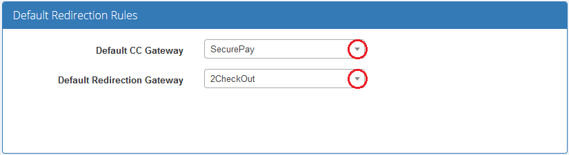Payment Gateway Allocator For WHMCS: Default Redirection Rules panel with the Default CC and Redirection Gateway lists
