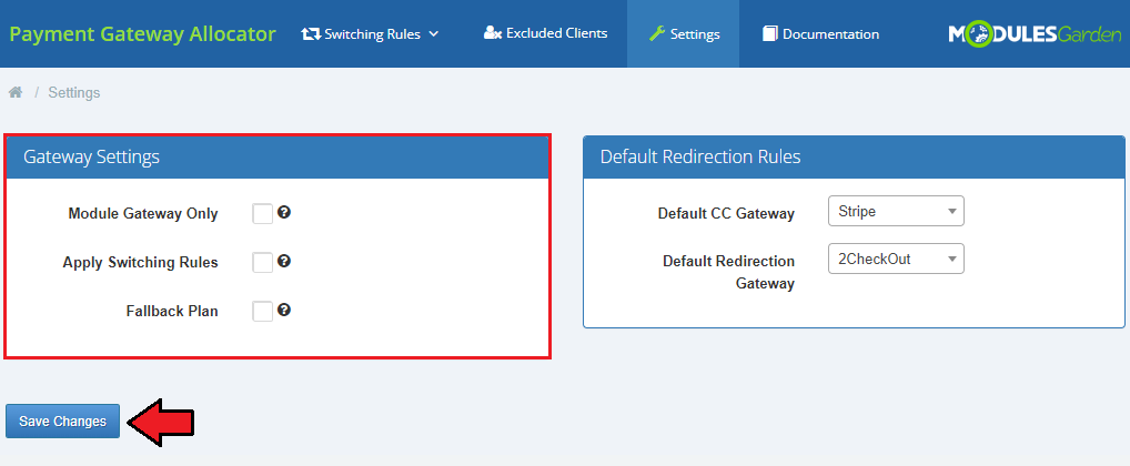 Payment Gateway Allocator For WHMCS: module Settings tab with all Gateway Settings options cleared and Save Changes