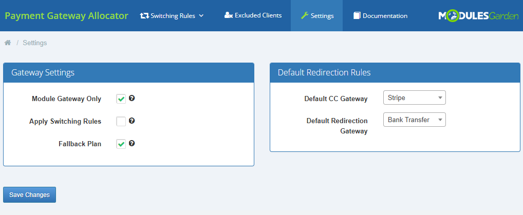 Payment Gateway Allocator For WHMCS: module Settings tab with Module Gateway Only and Fallback Plan enabled