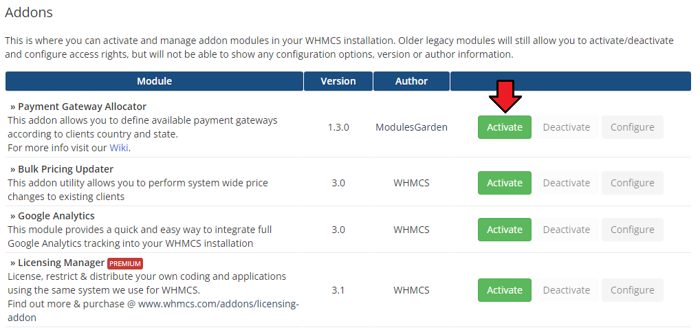 Payment Gateway Allocator For WHMCS: WHMCS Addon Modules list with the Activate button next to Payment Gateway Allocator