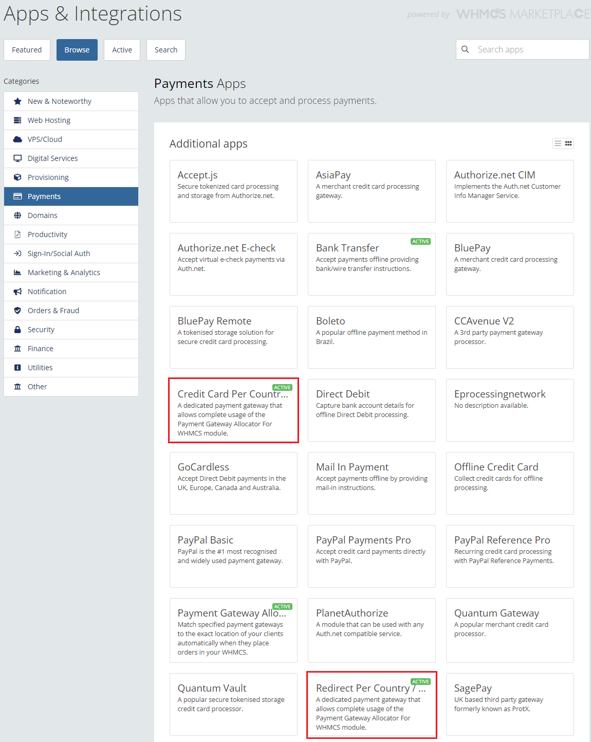 Payment Gateway Allocator For WHMCS: WHMCS Apps and Integrations Payments list with the two per country gateways active