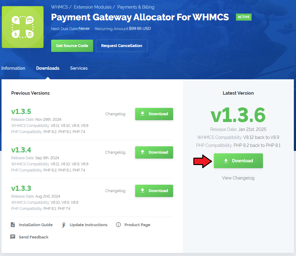 Payment Gateway Allocator For WHMCS: client area product page with the Downloads tab and the latest version Download