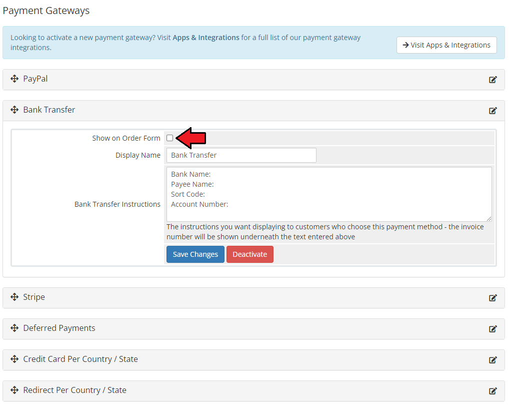 Payment Gateway Allocator For WHMCS: WHMCS Payment Gateways page with Show on Order Form cleared for Bank Transfer