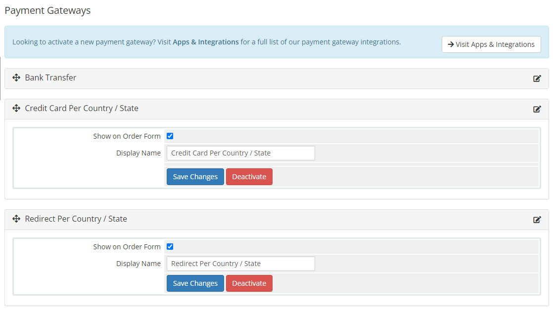 Payment Gateway Allocator For WHMCS: WHMCS Payment Gateways page with the two per country gateways shown on order form