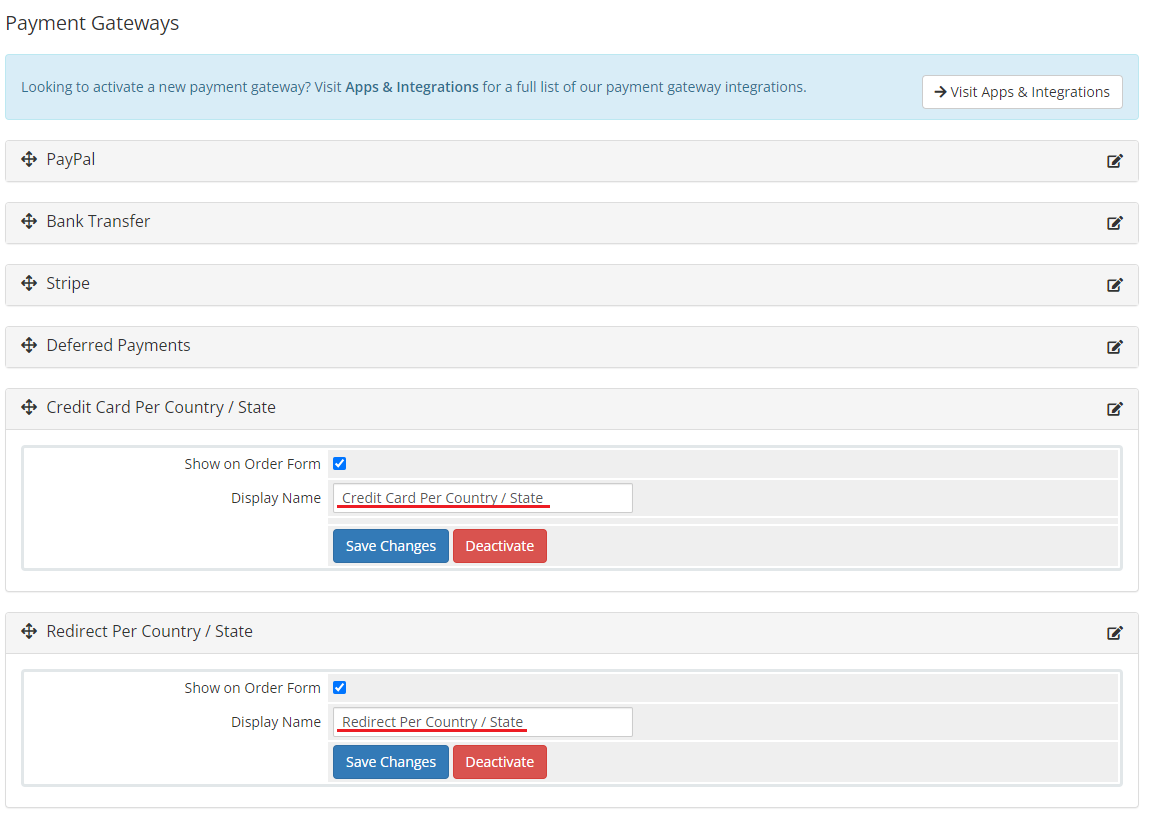 Payment Gateway Allocator For WHMCS: WHMCS Payment Gateways page with display names of the two per country gateways
