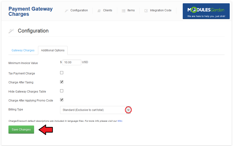 Payment Gateway Charges 1.X For WHMCS: Additional Options tab with charge options ticked and the Billing Type list