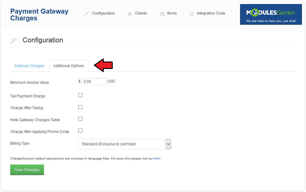 Payment Gateway Charges 1.X For WHMCS: the Configuration page with the Additional Options tab open and its default