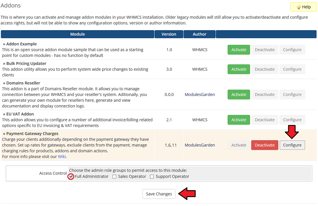 Payment Gateway Charges 1.X For WHMCS: the module Configure panel with Full Administrator ticked and the Save Changes
