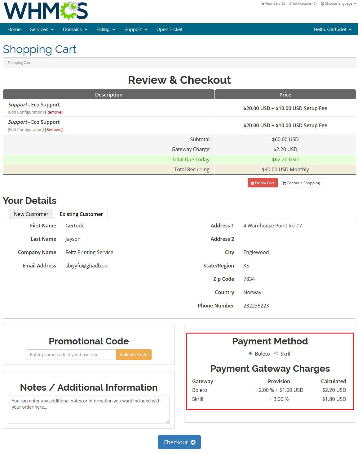 Payment Gateway Charges 1.X For WHMCS: the shopping cart showing only Boleto and Skrill with their gateway charges