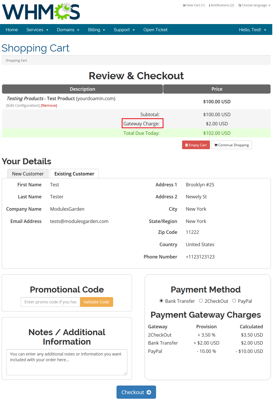Payment Gateway Charges 1.X For WHMCS: shopping cart order summary with the Gateway Charge row highlighted