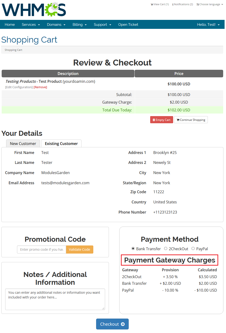 Payment Gateway Charges 1.X For WHMCS: shopping cart with the Payment Gateway Charges header highlighted
