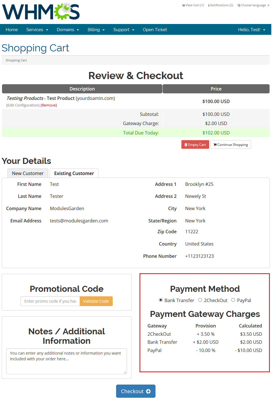 Payment Gateway Charges 1.X For WHMCS: the client area shopping cart with the Payment Gateway Charges table in Payment