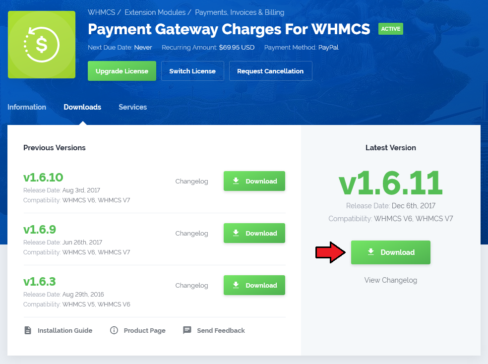 Payment Gateway Charges 1.X For WHMCS: the client area product page with the Download button for the latest module