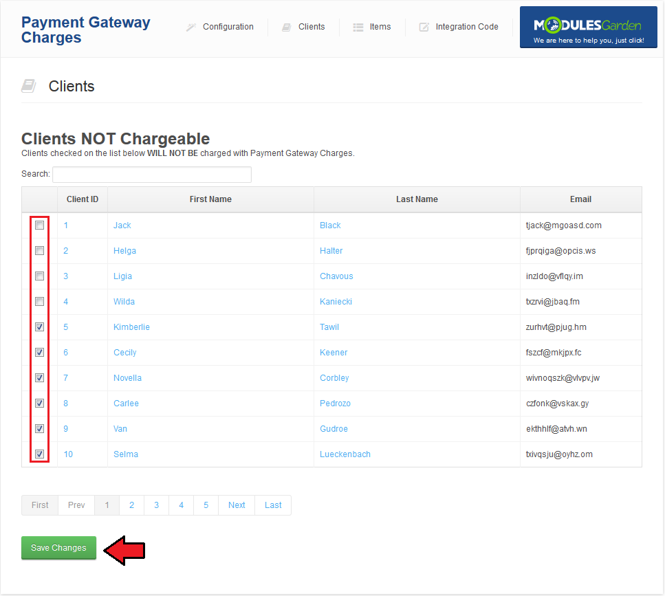 Payment Gateway Charges 1.X For WHMCS: Clients NOT Chargeable table with several client checkboxes ticked
