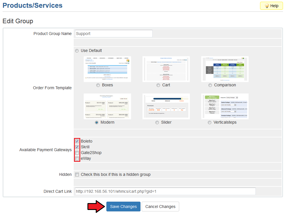 Payment Gateway Charges 1.X For WHMCS: the WHMCS Edit Group page with Available Payment Gateways checkboxes and Save