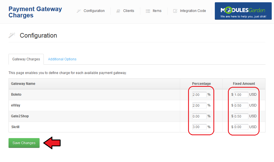 Payment Gateway Charges 1.X For WHMCS: Gateway Charges tab with percentage and fixed amount fields and Save Changes