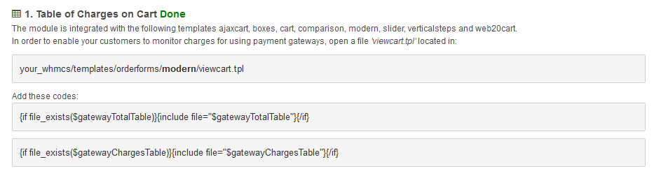 Payment Gateway Charges 1.X For WHMCS: the Table of Charges on Cart integration step marked Done with the viewcart.tpl