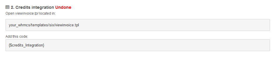 Payment Gateway Charges 1.X For WHMCS: Credits integration step with the viewinvoice.tpl path and credits_Integration