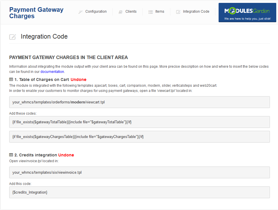 Payment Gateway Charges 1.X For WHMCS: the Integration Code tab with integration steps marked Undone and code snippets