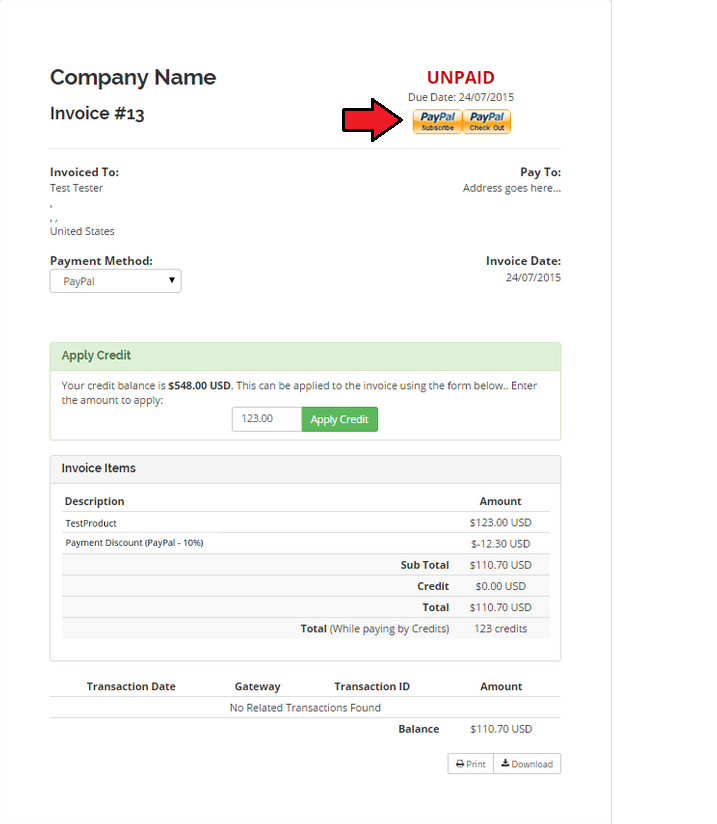 Payment Gateway Charges 1.X For WHMCS: a client area invoice with the PayPal Subscribe and Check Out buttons