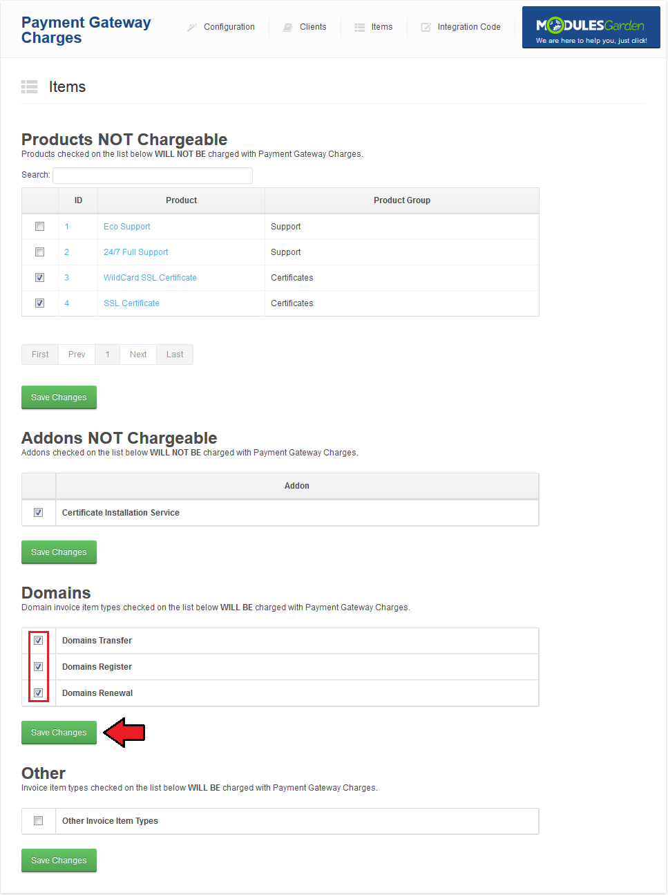 Payment Gateway Charges 1.X For WHMCS: Items page Domains section with transfer, register and renewal ticked