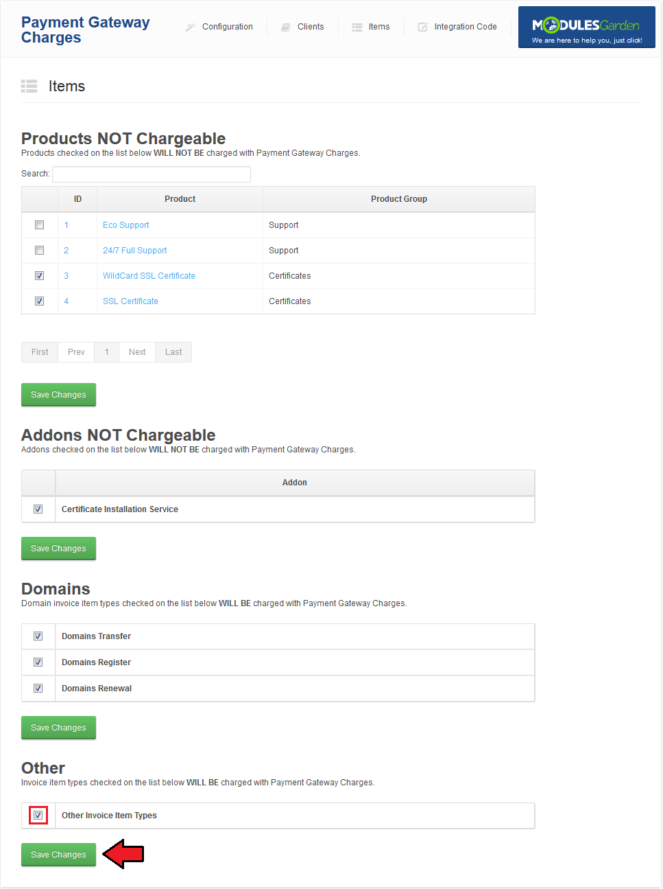 Payment Gateway Charges 1.X For WHMCS: the Items page Other section with Other Invoice Item Types ticked and Save