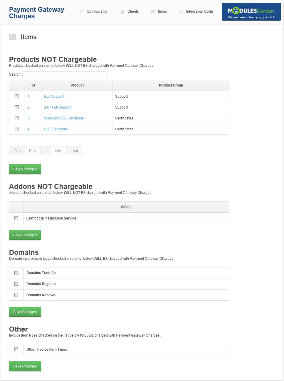 Payment Gateway Charges 1.X For WHMCS: the Items page with Products and Addons NOT Chargeable, Domains and Other