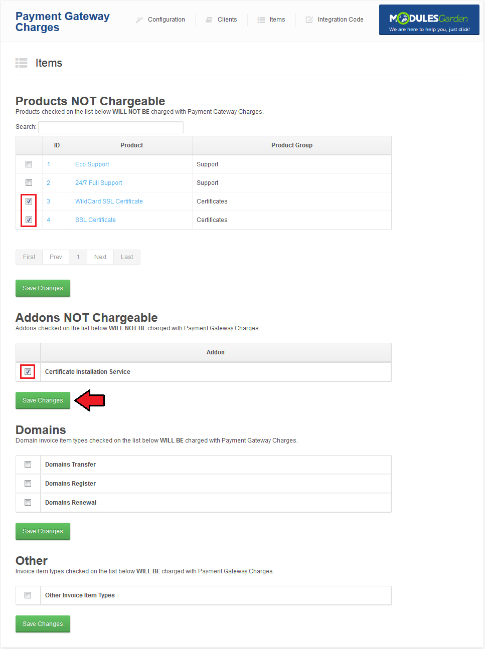 Payment Gateway Charges 1.X For WHMCS: Items page with two products and one addon ticked as not chargeable