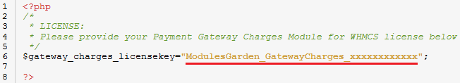Payment Gateway Charges 1.X For WHMCS: the license.php file with the license key entered between quotation marks