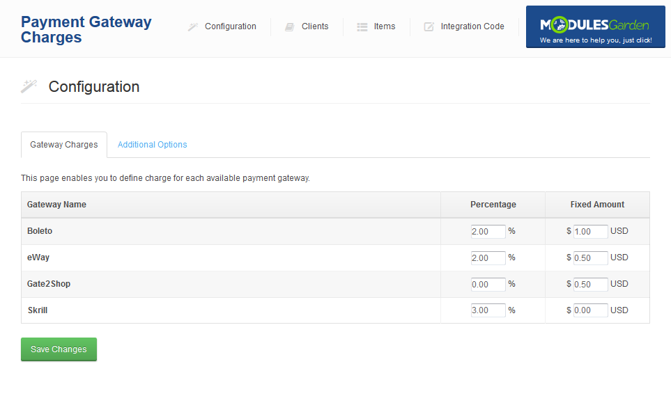 Payment Gateway Charges 1.X For WHMCS: the module configuration page in the WHMCS admin area after installation