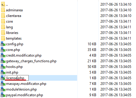 Payment Gateway Charges 1.X For WHMCS: the module files list with the license file being renamed to license.php