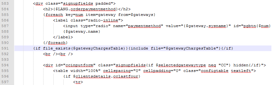 Payment Gateway Charges 1.X For WHMCS: viewcart.tpl template file with the gatewayChargesTable include line highlighted