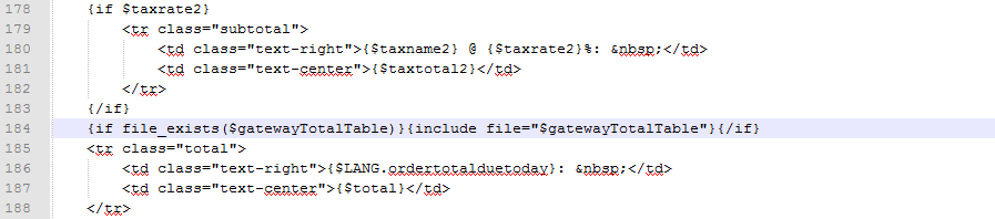 Payment Gateway Charges 1.X For WHMCS: viewcart.tpl template file with the gatewayTotalTable include line highlighted