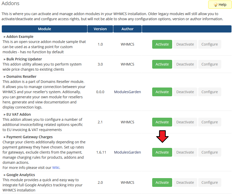Payment Gateway Charges 1.X For WHMCS: the WHMCS Addon Modules list with the Activate button next to Payment Gateway
