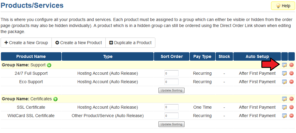 Payment Gateway Charges 1.X For WHMCS: the WHMCS Products/Services list with the edit icon of a product group