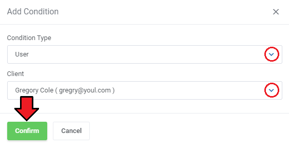 Payment Gateway Charges For WHMCS: Add Condition dialog with condition type User and a selected client