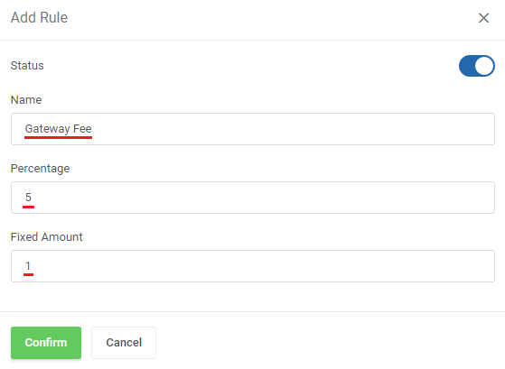 Payment Gateway Charges For WHMCS: Add Rule dialog with the rule name, percentage and fixed amount fields filled in