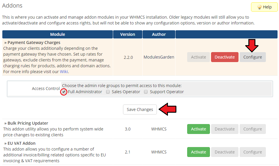 Payment Gateway Charges For WHMCS: Addon Modules with Configure, Full Administrator access checked and Save Changes