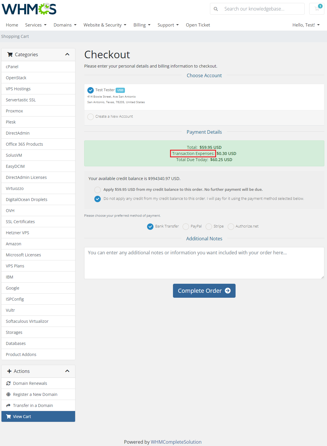 Payment Gateway Charges For WHMCS: checkout payment details with the Transaction Expenses charge line marked