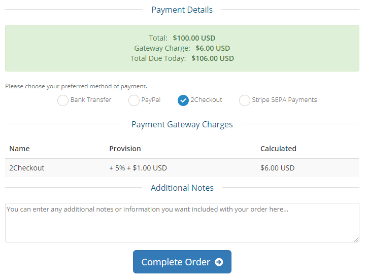 Payment Gateway Charges For WHMCS: checkout with a $6.00 gateway charge for 2Checkout on a $100.00 order