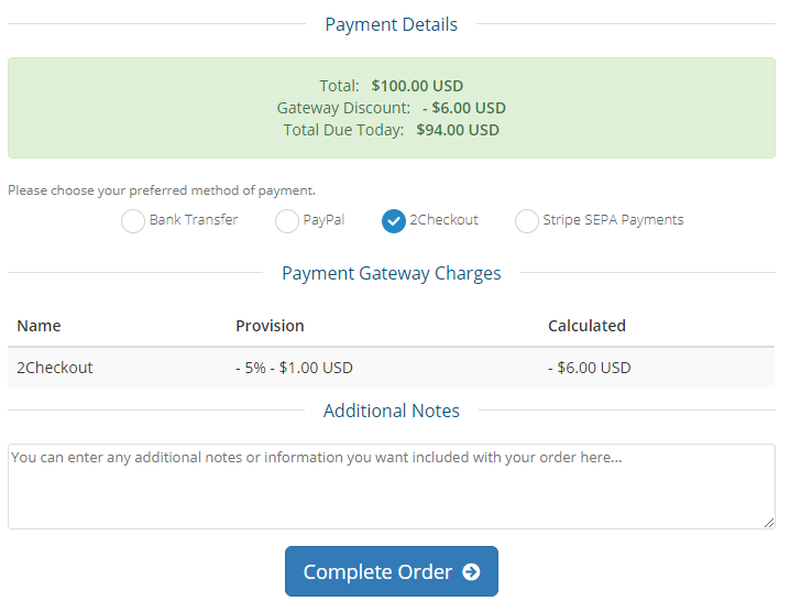 Payment Gateway Charges For WHMCS: checkout with a $6.00 gateway discount for 2Checkout on a $100.00 order