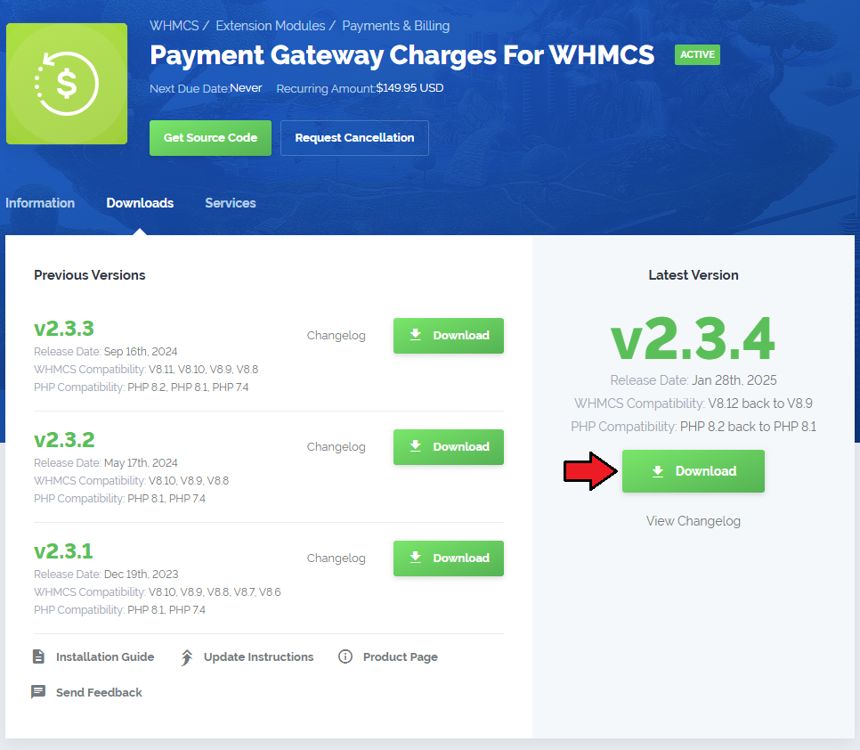 Payment Gateway Charges For WHMCS: client area Downloads tab with the Download button for the latest module version