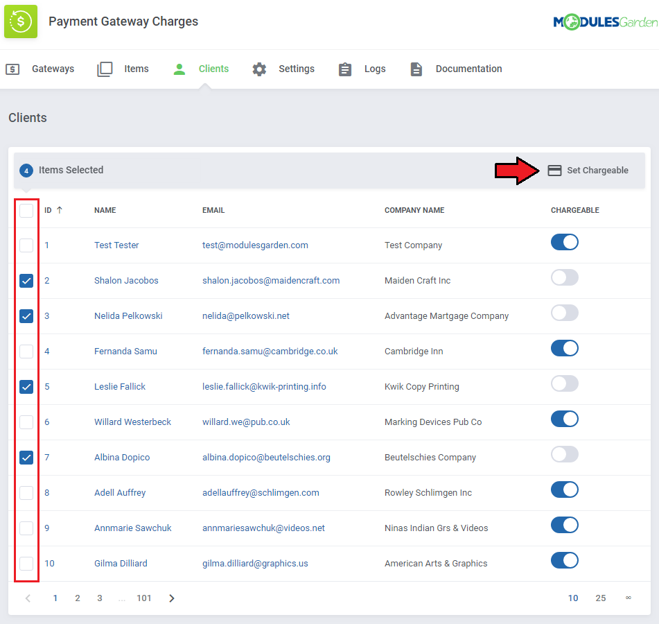 Payment Gateway Charges For WHMCS: Clients page with four selected clients and the Set Chargeable bulk action