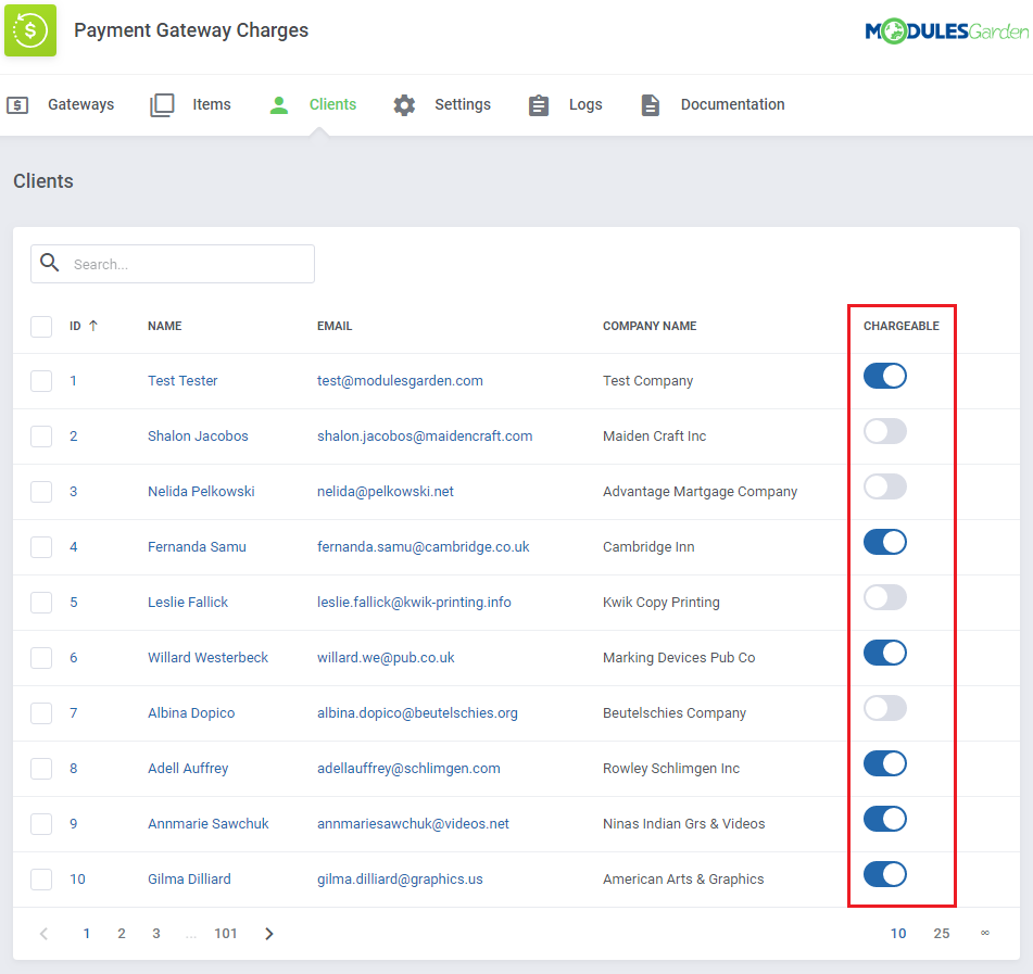 Payment Gateway Charges For WHMCS: Clients page listing clients with a chargeable switch for each one