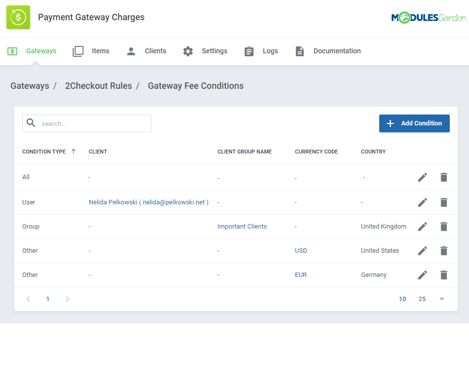 Payment Gateway Charges For WHMCS: Gateway Fee Conditions list with All, User, Group and Other condition types